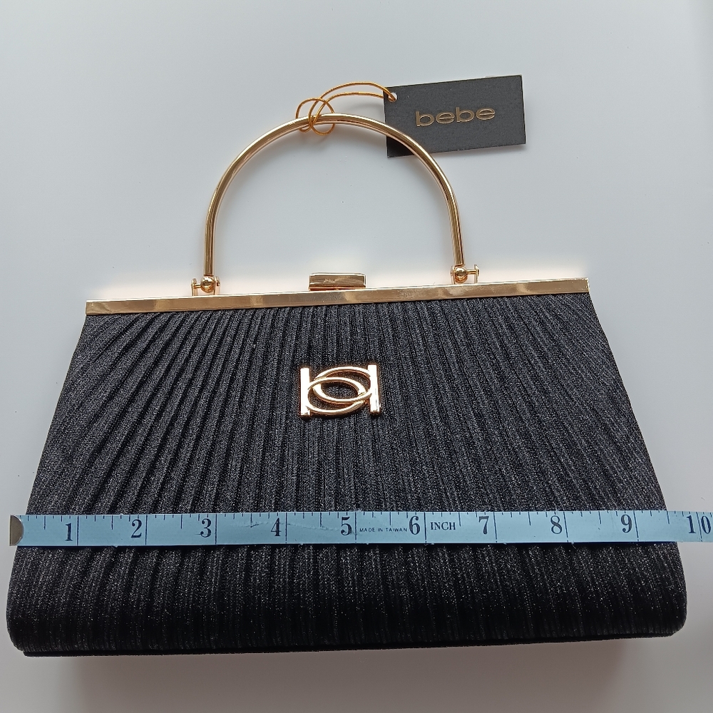NEW bebe Formal Evening Bag Black Metallic Gold Pleated Snap Closure Clutch Gift - Picture 7 of 11